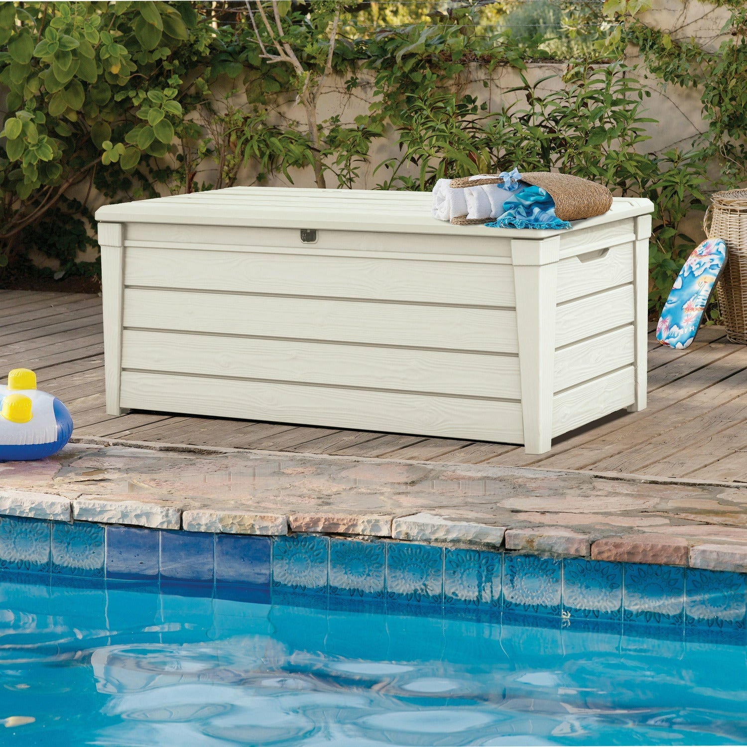 KETER - Baule da giardino bianco BrightWood 454L - h60,3x145x69,7 cm